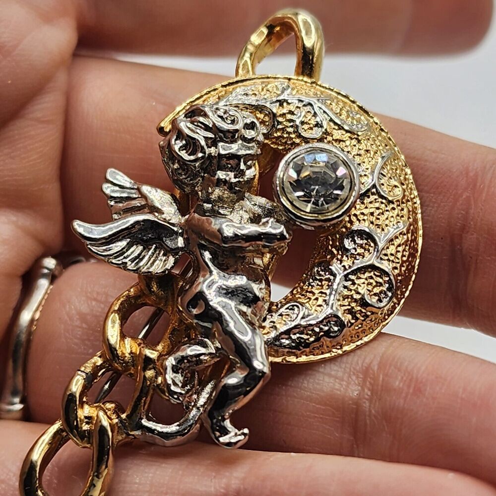 Vintage Brooch Moon Cupid Gold and Silver Tones Angel Sky Stars Love Rhinestones